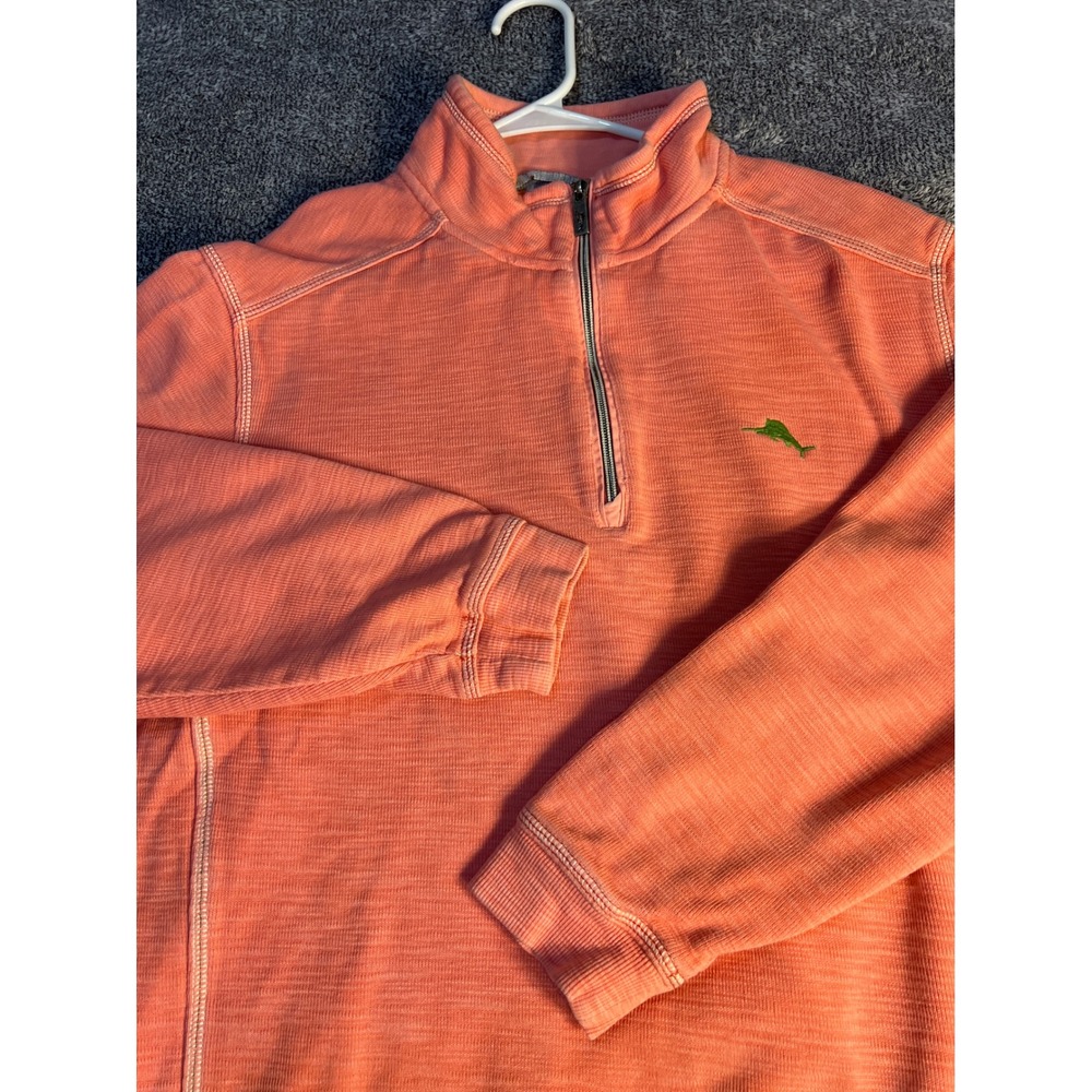Tommy Bahama Mens Coral Orange Slub Knit Quarter Zip Pullover Large